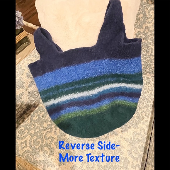 Large Felted Wool Blue/Green Stripe Tote Bag, Knitting Bag, Book Or Project Bag - Picture 3 of 5